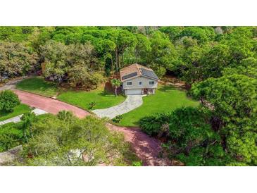 An aerial view of a home surrounded by lush greenery featuring solar panels on the roof at 1300 Pleasant S Way, St Petersburg, FL 33705