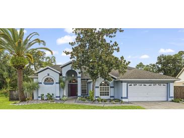 Charming one-story home with a blue exterior, a well-manicured lawn, and beautiful mature landscaping at 28707 Raleigh Pl, Wesley Chapel, FL 33545