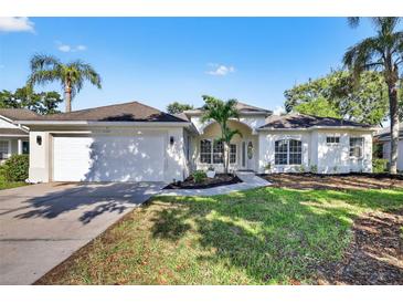 Charming one-story home featuring a manicured lawn, mature palm trees, and an attached two-car garage at 11019 Pine Lilly Pl, Lakewood Ranch, FL 34202