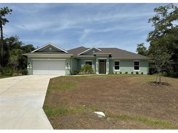 Single-story home with light green exterior, attached garage, and a spacious lawn at 4619 Chamrade Rd, North Port, FL 34288