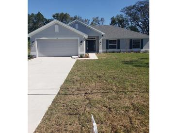 Charming single-story home boasts a two-car garage, gray exterior, manicured lawn, and inviting front entrance at 324 Galaxy Ave, Spring Hill, FL 34606