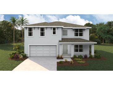 Two-story house with light gray siding, three windows on the second floor, and a two-car garage at 7672 Rome Ln, Brooksville, FL 34613