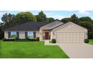 Charming single-story home with a two-car garage, manicured lawn, and inviting red front door at 10263 Jollett St, Spring Hill, FL 34608