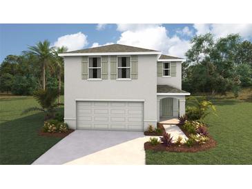 Two-story home featuring a neutral color scheme, attached garage, manicured lawn, and complementary landscaping at 30948 Silver Stage Dr, Brooksville, FL 34602