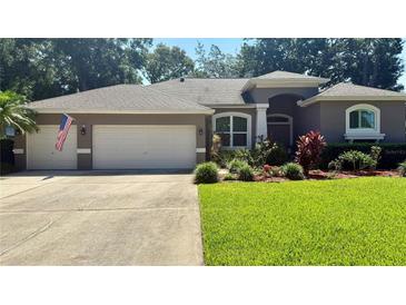 Charming single-story home featuring a well-manicured lawn, three-car garage, and mature landscaping at 1138 Lumsden Trace Cir, Valrico, FL 33594