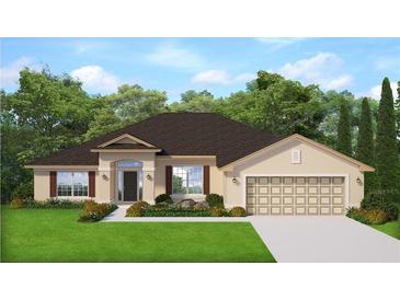 Charming one-story home featuring neutral paint, attached two-car garage, and well-manicured lawn at 2612 Glenridge Dr, Spring Hill, FL 34609
