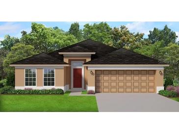 Tan single-story home featuring a 2-car garage, neutral trim, and a well-manicured lawn with flowering bushes at 5504 Ocean Breeze Dr, Spring Hill, FL 34609
