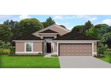 Charming single-story home featuring neutral paint, black roof, manicured lawn, and a spacious two car garage at 5461 Ocean Breeze Dr, Spring Hill, FL 34609