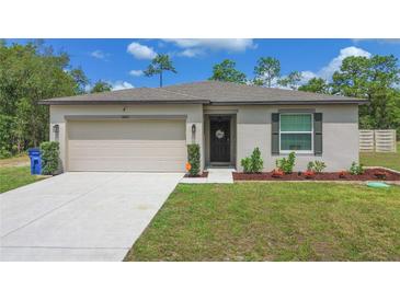 Charming single-story home featuring a manicured lawn, neutral stucco exterior, and a two-car garage at 14025 Canyon Swallow Rd, Weeki Wachee, FL 34614