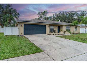 Tan house with dark gray garage door and landscaping at 739 Isleton Dr, Brandon, FL 33511