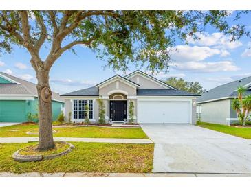 Tan one-story home with two-car garage at 11519 Misty Isle Ln, Riverview, FL 33579