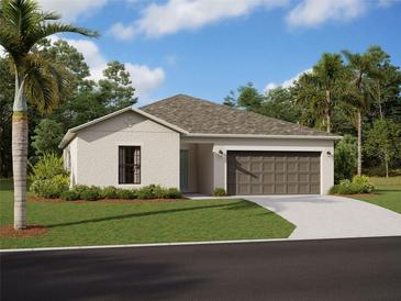 One-story home with attached garage, light-colored walls, and a dark brown garage door at 9809 Last Light Gln, Parrish, FL 34219