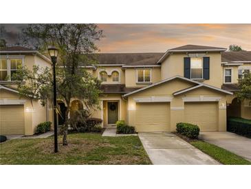 Exterior shot of yellow townhomes with well-maintained lawns at 10821 Great Carlisle Ct, Riverview, FL 33578