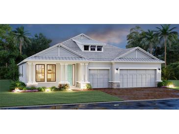 Charming single-Gathering home featuring a three-car garage, well-manicured lawn, and a welcoming light blue front door at 4733 Sweet Retreat Run, Lakewood Ranch, FL 34211