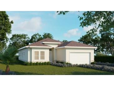 Newly built single-story home with 2-car garage, lush landscaping, and neutral paint at 125 Baytree Dr, Rotonda West, FL 33947