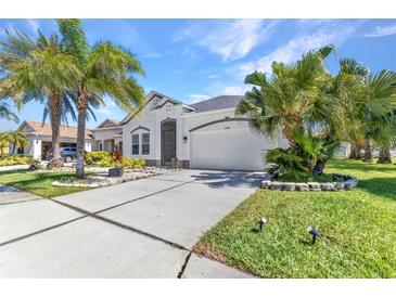 Charming single-story home boasting a well-manicured lawn, lush palm trees, and a welcoming two-car garage at 2640 Suncoast Lakes Blvd, Punta Gorda, FL 33980