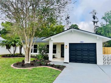 Charming home featuring a well-manicured lawn and complemented by a freshly painted exterior with lush landscaping at 801 Leeward Way, Palm Harbor, FL 34685