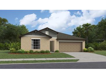 One-story home with two-car garage, landscaping, and neutral color scheme at 11294 Linden Depot Rd, San Antonio, FL 33576