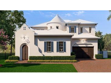 Stunning two-story home featuring a white exterior, unique architectural details, and a well-manicured front yard at 5009 W Spring Lake Dr, Tampa, FL 33629