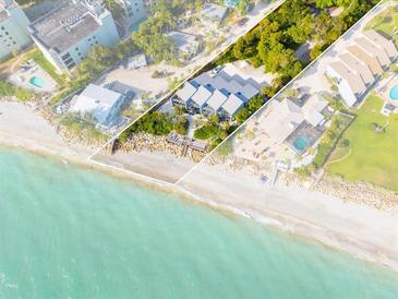 Aerial view of beachfront property with private beach access, and a modern three-unit building at 5030 N Beach Rd # 2, Englewood, FL 34223