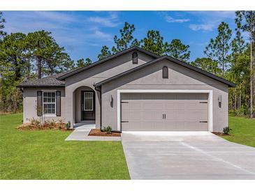Gray house with two-car garage and landscaped lawn at 5093 Burnside St, North Port, FL 34291