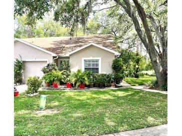 Charming single-story home featuring lush landscaping, mature trees, and a well-maintained lawn at 35226 Janine Dr, Zephyrhills, FL 33541