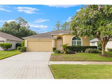 Single-story house with attached garage and manicured lawn at 35506 Wickingham Ct, Zephyrhills, FL 33541