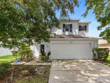 Two-story house with a white garage door and landscaping at 18933 Sunterra Dr, Land O Lakes, FL 34638