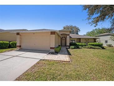 Charming single-story home with a well-maintained lawn and attached two-car garage at 1145 Almondwood Dr, Trinity, FL 34655