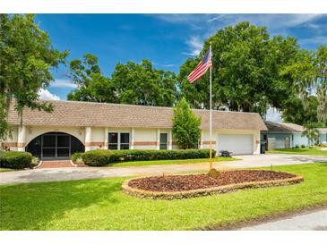 Charming single-story home featuring a well-manicured lawn, mature trees, and an American flag at 3744 E Lake Dr, Land O Lakes, FL 34639