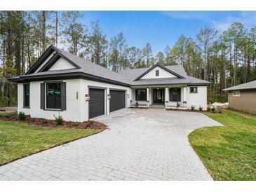 Two story home with gray and white exterior, two car garage, and paver driveway at 19411 Sheltered Hill Dr, Brooksville, FL 34601