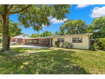 Ranch-style home with a spacious lawn and covered patio at 1213 E Frierson Ave, Tampa, FL 33603