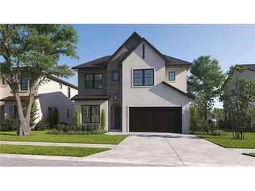 Two-story home with a stone facade and dark brown garage door at 3108 W Nassau St, Tampa, FL 33607