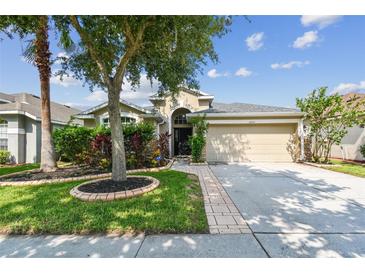 Charming single-story home with a two-car garage and manicured lawn at 6843 Runner Oak Dr, Wesley Chapel, FL 33545