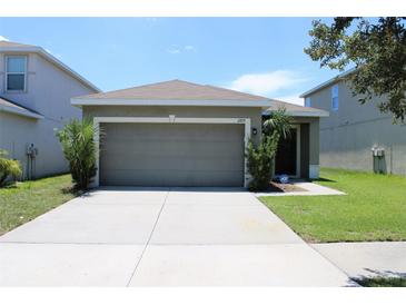 House exterior featuring a two-car garage and well-maintained landscaping at 11919 Grand Kempston Dr, Gibsonton, FL 33534