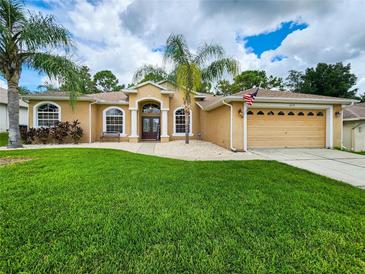 Tan house with double doors, two-car garage, and lush lawn at 10539 Audie Brook Dr, Spring Hill, FL 34608