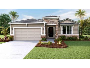 One-story home with stone accents and a two-car garage at 18212 Beach Ranch Ter, Lakewood Ranch, FL 34211