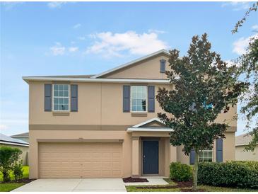 Two story home with tan exterior, gray shutters, and a two-car garage at 2110 Purple Orchid Pl, Ruskin, FL 33570