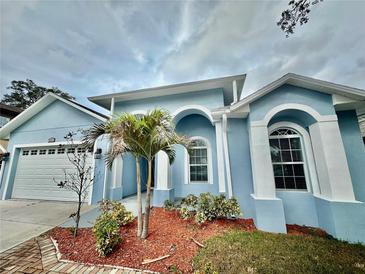 Beautiful light blue home featuring arched entry, manicured lawn and mulched planting beds at 803 W Sligh Ave, Tampa, FL 33604