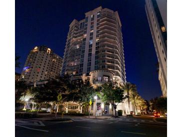 Night view of a modern high rise building at 450 Knights Run Ave # 702, Tampa, FL 33602