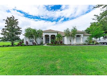 One-story house with lush landscaping and a spacious lawn at 24355 Hideout Trl, Land O Lakes, FL 34639