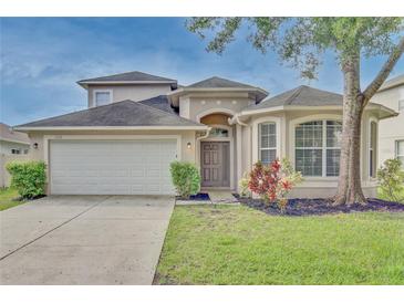 Two-story house with a two-car garage and landscaped yard at 7110 Moss Ledge Run, Land O Lakes, FL 34637