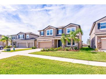 Two-story house with a two-car garage and landscaped front yard at 11321 Alachua Creek Ln, Riverview, FL 33579