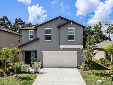 Two-story house with gray siding, white garage door, and landscaping at 6267 Back Forty Loop, Zephyrhills, FL 33541