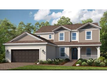 Two-story home with brown siding, dark brown garage door, and landscaping at 16227 Alpha Grove Pl, Odessa, FL 33556