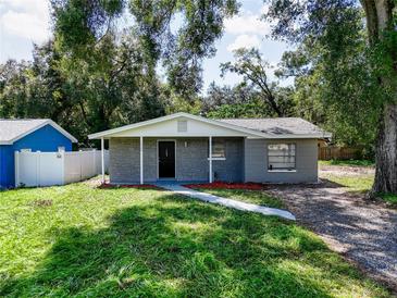 Charming single story home with gray siding and well-manicured lawn at 1709 E Sitka St, Tampa, FL 33604