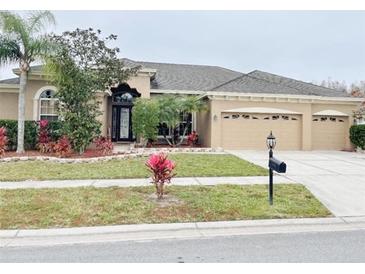 Beautiful one-story home with a three-car garage and landscaped yard at 18122 Palm Beach Dr, Tampa, FL 33647
