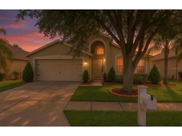 Charming single-Gathering home with a manicured front lawn, mature tree, and two-car garage at 4206 Branchside Ln, Wesley Chapel, FL 33543