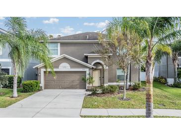 Two-story house with a two-car garage and palm trees at 18100 Atherstone Trl, Land O Lakes, FL 34638