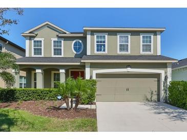 Two-story home with green exterior and red door at 11115 Spring Point Cir, Riverview, FL 33579